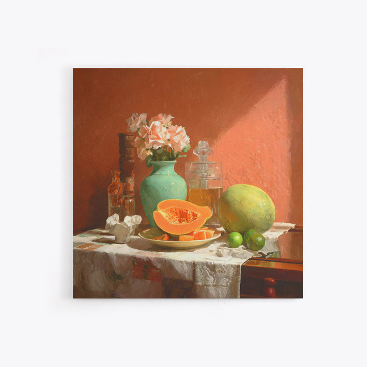 Bright Papaya and Lime Still Life Framed Canvas Print, Tropical Art, Beach Print, Living Room Decor, Abstract Art, Tropic, TRO-1x1-72