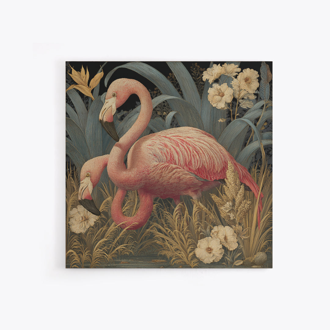 Pink Flamingos Among Tropical Water Plants Framed Canvas Print, Tropical Art, Fine Art Print, Living Room Decor, Tropic, TRO-1x1-74
