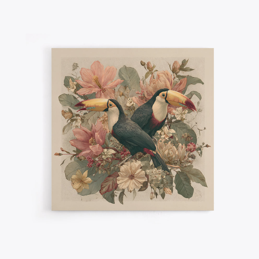 Toucans Surrounded by Bright Jungle Flowers Canvas Print, Tropical Art, Statement Artwork, Living Room Decor, Fine Art, Tropic, TRO-1x1-75