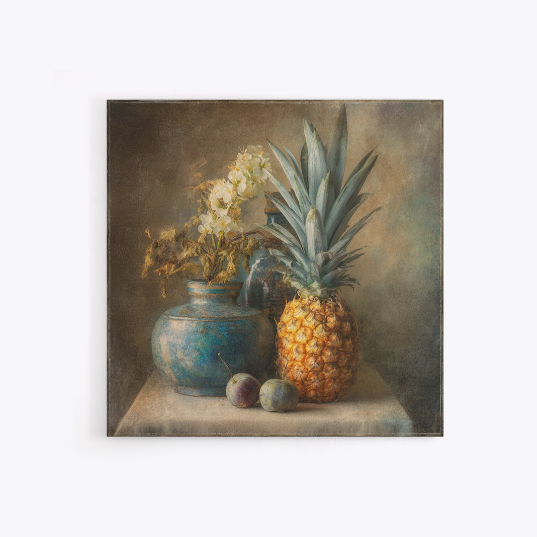 Pineapple and Palm Still Life Framed Canvas Print, Tropical Art, Statement Artwork, Living Room Decor, Fine Art, Tropic, TRO-1x1-78
