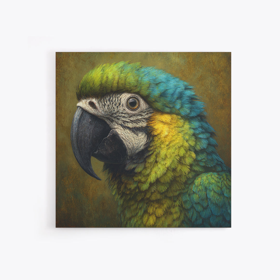Parrot Portrait with Emerald Feathers Framed Canvas Print, Tropical Art, Printable, Living Room Decor, Fine Art, Tropic, TRO-1x1-8