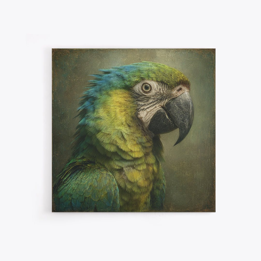Parrot Portrait with Emerald Feathers Framed Canvas Print, Tropical Art, Fine Art Print, Living Room Decor, Oil Painting, TRO-1x1-80