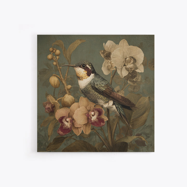 Orchid and Hummingbird Composition Canvas Print, Tropical Art, Boho Decor, Living Room Decor, Oil Painting, Tropic, Art Print, TRO-1x1-82