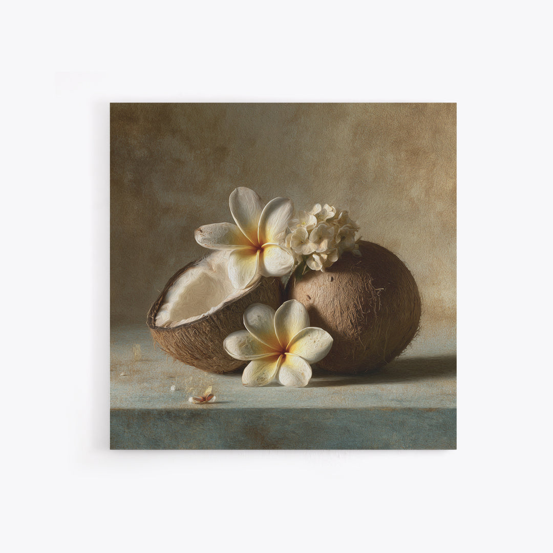 Coconut and Plumeria Still Life Framed Canvas Print, Tropical Art, Beach Print, Living Room Decor, Abstract Art, Tropic, TRO-1x1-84