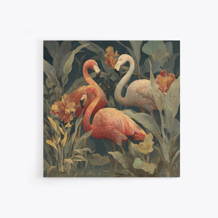 Pink Flamingos Among Tropical Water Plants Canvas Print, Tropical Art, Textured Painting, Living Room Decor, Fine Art, Tropic, TRO-1x1-98