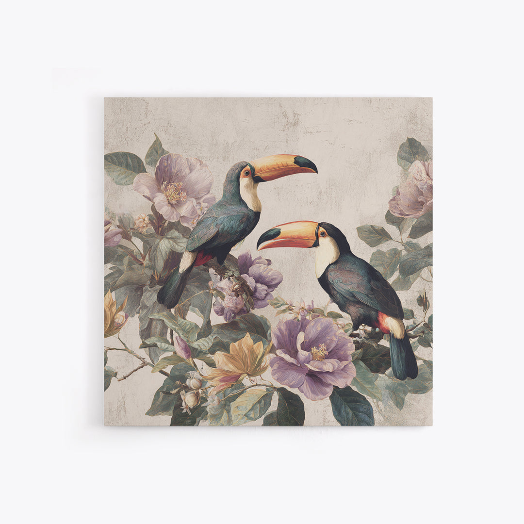 Toucans Surrounded by Bright Jungle Flowers Canvas Print, Tropical Art, Decor, Living Room Decor, Oil Painting, Tropic, TRO-1x1-99