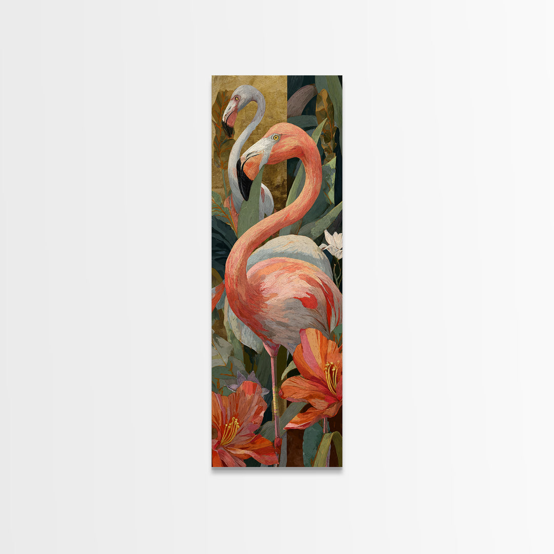 Pink Flamingos Among Tropical Water Plants Canvas Print, Tropical Art, Gallery Decor, Living Room Decor, Fine Art, Tropic, TRO-1x3-14