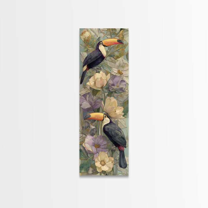 Toucans Surrounded by Bright Jungle Flowers Framed Canvas Print, Tropical Art, Printable Art, Living Room Decor, Tropic, TRO-1x3-15