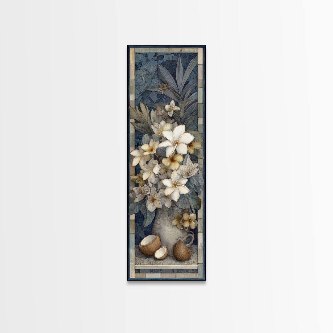Coconut and Plumeria Still Life Framed Canvas Print, Tropical Art, Decor, Living Room Decor, Fine Art, Tropic, Bird Art, TRO-1x3-24