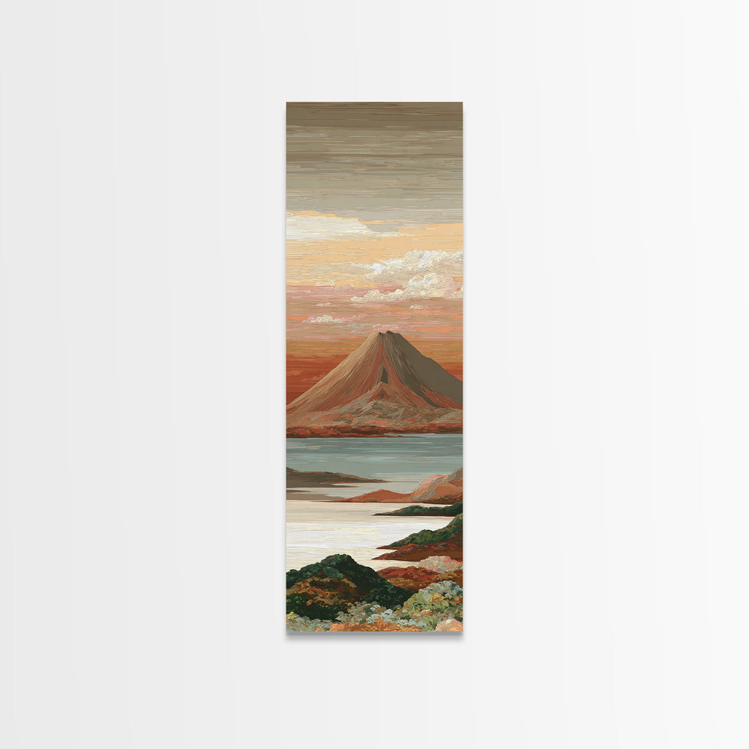 Island Volcano with Lush Foreground Framed Canvas Print, Tropical Art, Textured Painting, Living Room Decor, Fine Art, Tropic, TRO-1x3-29