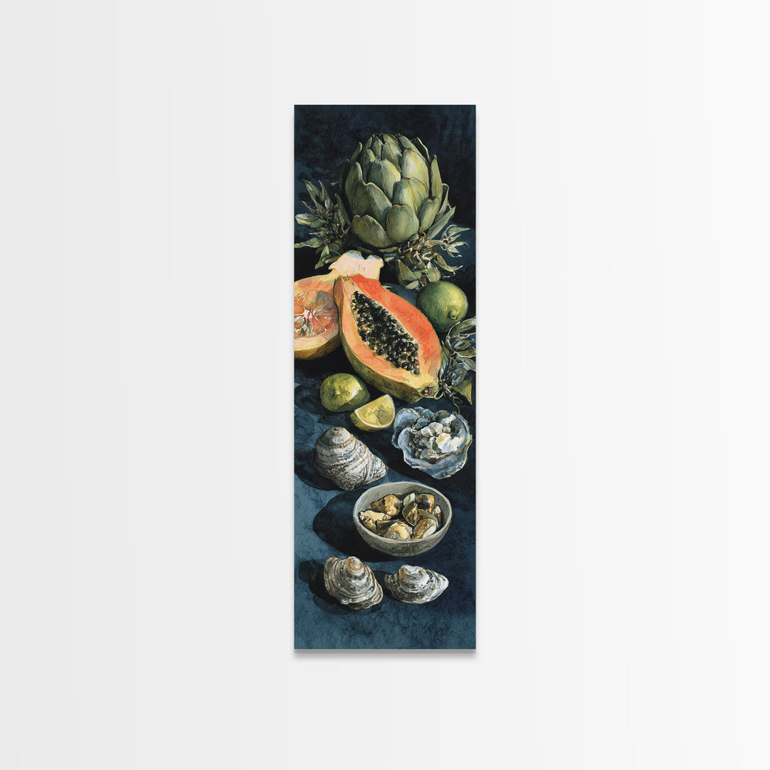 Bright Papaya and Lime Still Life Framed Canvas Print, Tropical Art, Art Print, Living Room Decor, Tropic, Abstract Painting, TRO-1x3-36