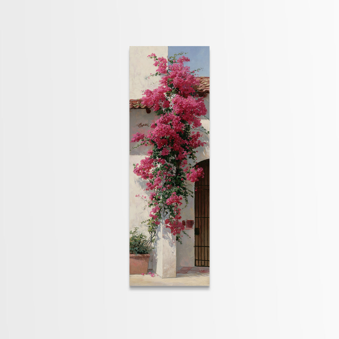 Pink Bougainvillea over White Wall Framed Canvas Print, Tropical Art, Minimalist Decor, Living Room Decor, Fine Art, Tropic, TRO-1x3-4