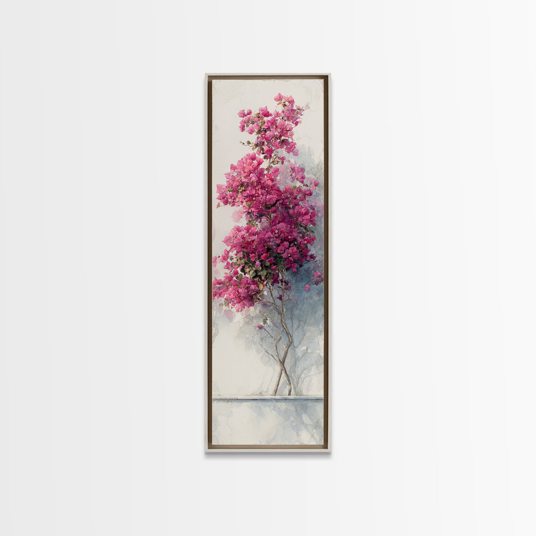 Pink Bougainvillea over White Wall Framed Canvas Print, Tropical Art, Wall Art Prints, Living Room Decor, Fine Art, Tropic, TRO-1x3-52
