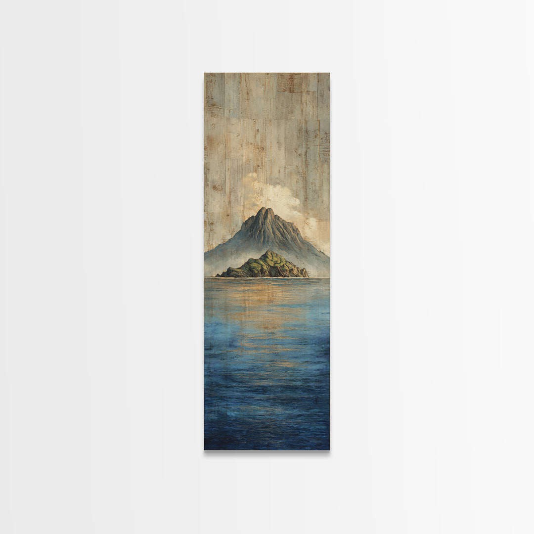 Island Volcano with Lush Foreground Framed Canvas Print, Tropical Art, Textured Painting, Living Room Decor, Fine Art, Tropic, TRO-1x3-53