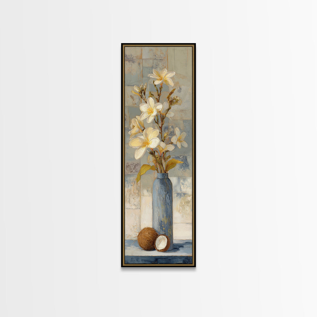 Coconut and Plumeria Still Life Canvas Print, Tropical Art, Coastal Decor, Living Room Decor, Fine Art, Tropic, Modern Decor, TRO-1x3-72