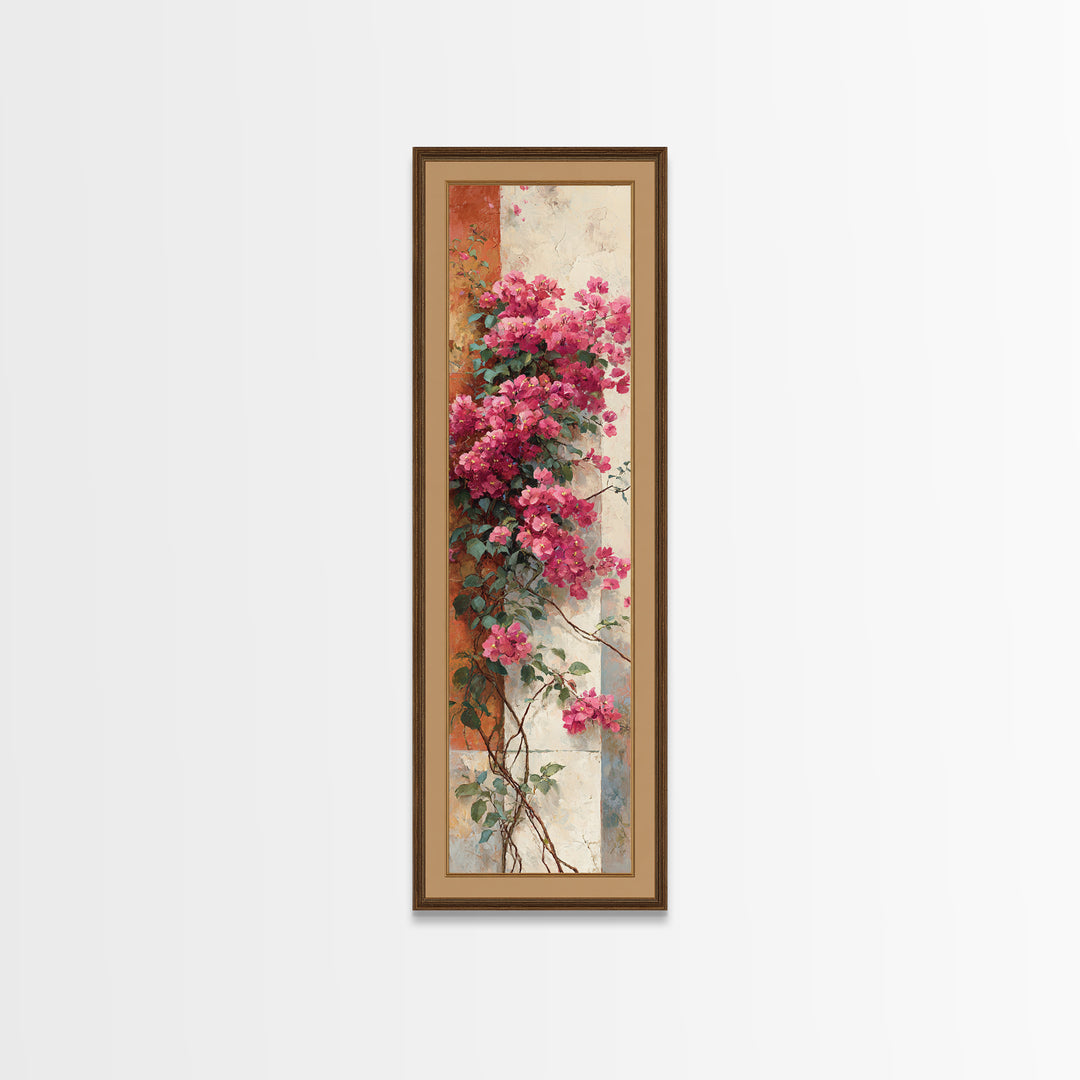 Pink Bougainvillea over White Wall Framed Canvas Print, Tropical Art, Beach Decor, Living Room Decor, Oil Painting, Tropic, TRO-1x3-76