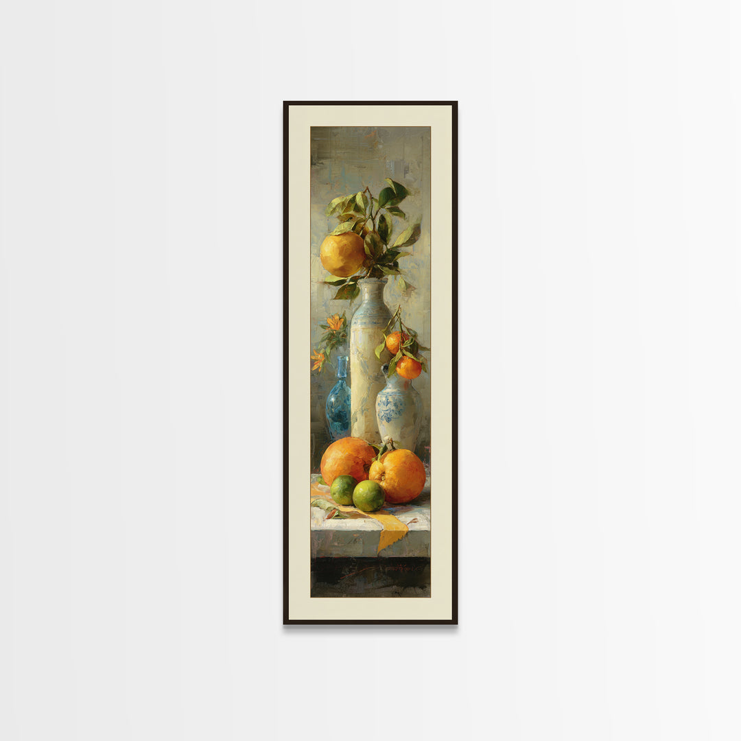 Bright Papaya and Lime Still Life Framed Canvas Print, Tropical Art, Coastal Wall Art, Living Room Decor, Fine Art, Tropic, TRO-1x3-84