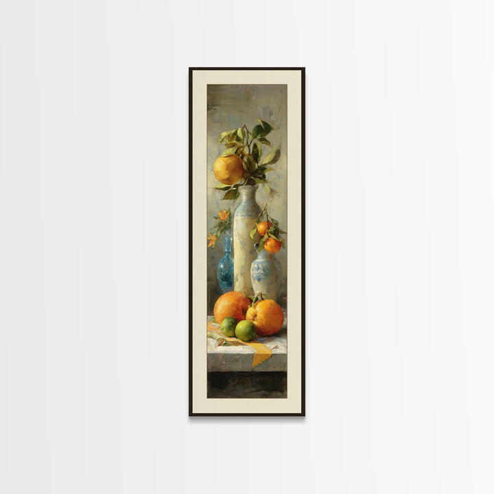 Bright Papaya and Lime Still Life Framed Canvas Print, Tropical Art, Coastal Wall Art, Living Room Decor, Fine Art, Tropic, TRO-1x3-84