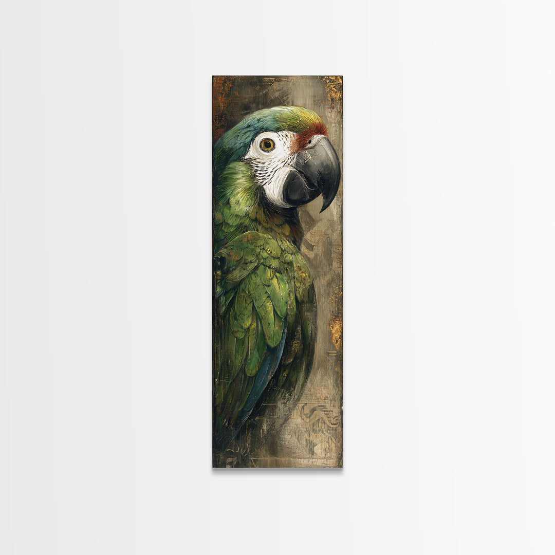 Parrot Portrait with Emerald Feathers Framed Canvas Print, Tropical Art, Coastal Art, Living Room Decor, Fine Art, Tropic, TRO-1x3-92