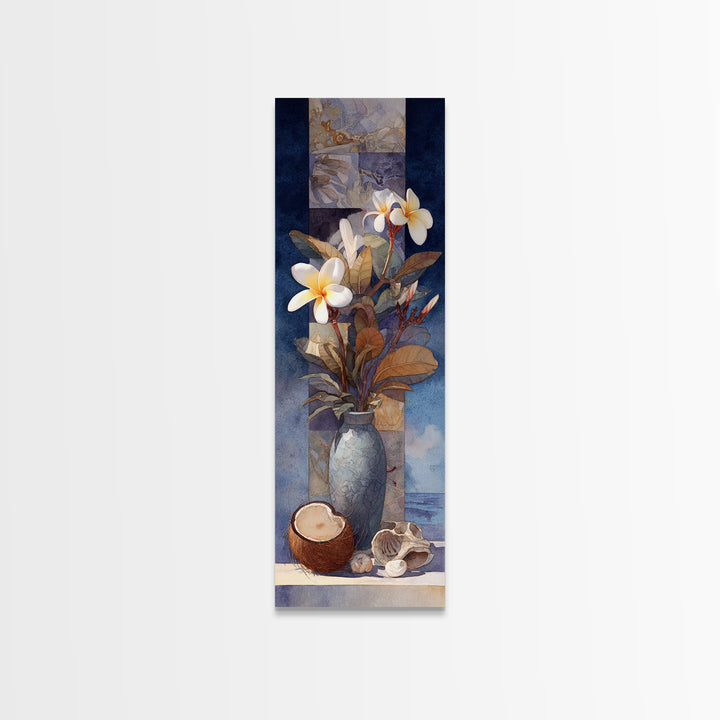 Coconut and Plumeria Still Life Framed Canvas Print, Tropical Art, Beach Print, Living Room Decor, Abstract Art, Tropic, TRO-1x3-96