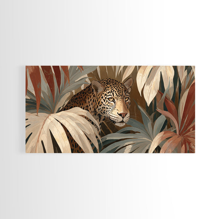 Leopard Hidden Among Palm Leaves Framed Canvas Print, Tropical Art, Contemporary Art, Living Room Decor, Fine Art, Tropic, TRO-2x1-10