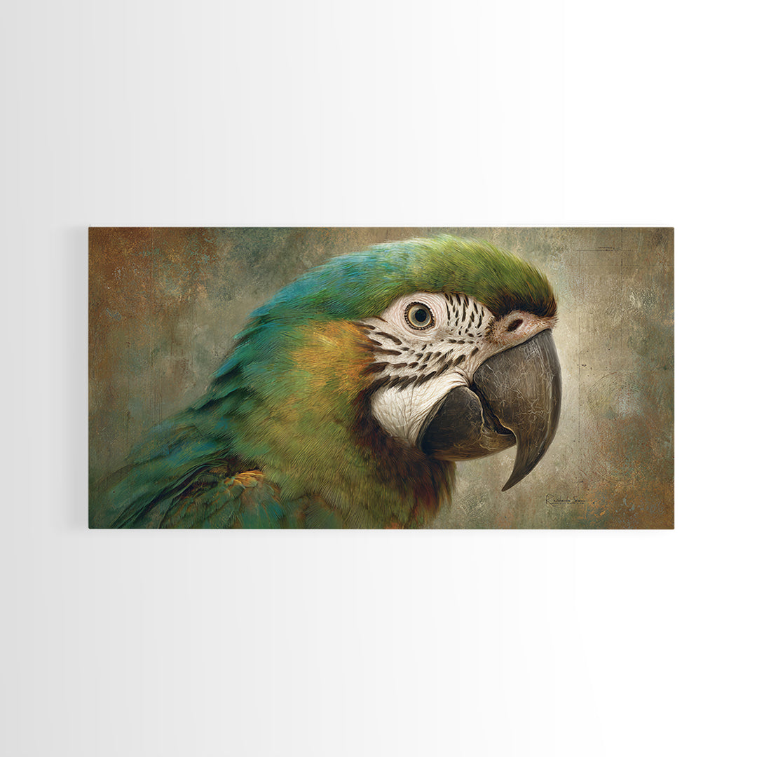Parrot Portrait with Emerald Feathers Framed Canvas Print, Tropical Art, Beach Wall Art, Living Room Decor, Fine Art, Tropic, TRO-2x1-100