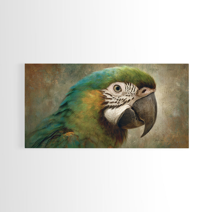 Parrot Portrait with Emerald Feathers Framed Canvas Print, Tropical Art, Beach Wall Art, Living Room Decor, Fine Art, Tropic, TRO-2x1-100