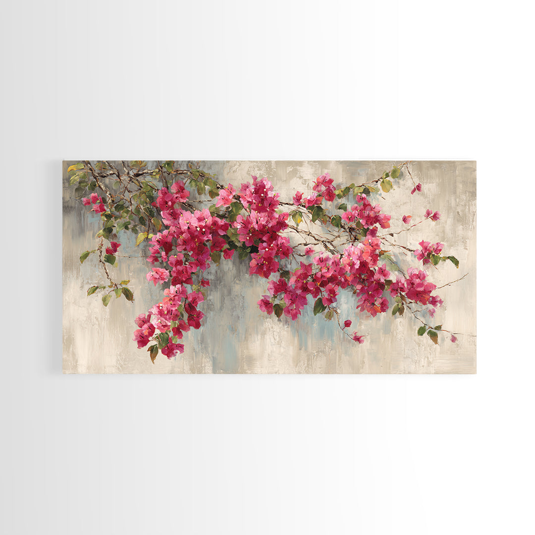 Pink Bougainvillea over White Wall Framed Canvas Print, Tropical Art, Room Decor, Living Room Decor, Fine Art, Tropic, TRO-2x1-12