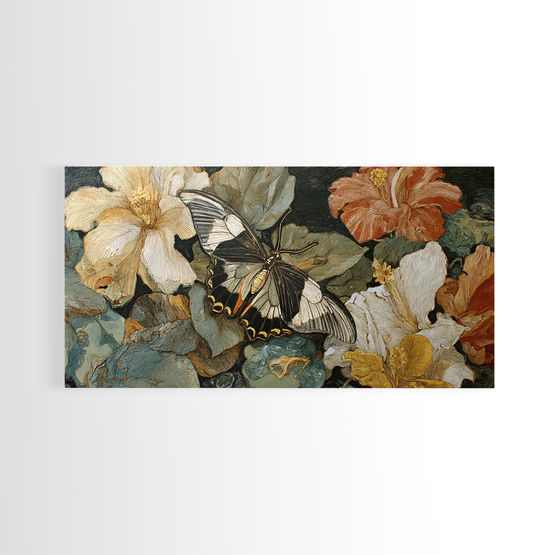 Tropical Butterfly and Flower Study Framed Canvas Print, Tropical Art, Whimsical Art, Living Room Decor, Watercolor Art, Tropic, TRO-2x1-19