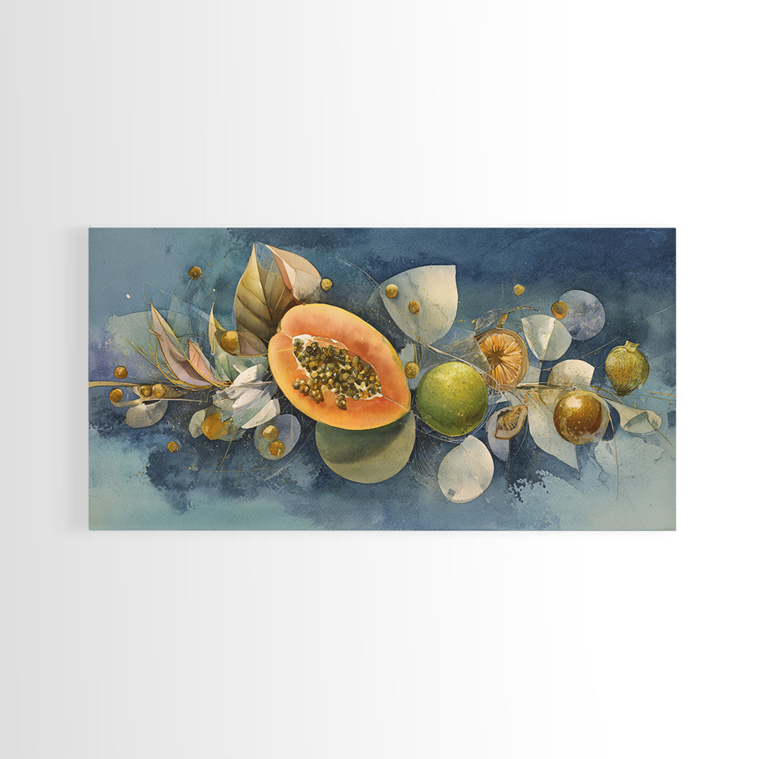 Bright Papaya and Lime Still Life Framed Canvas Print, Tropical Art, Statement Artwork, Living Room Decor, Fine Art, Tropic, TRO-2x1-20