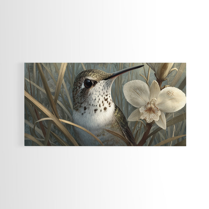 Orchid and Hummingbird Composition Framed Canvas Print, Tropical Art, Minimalist Decor, Living Room Decor, Fine Art, Tropic, TRO-2x1-30