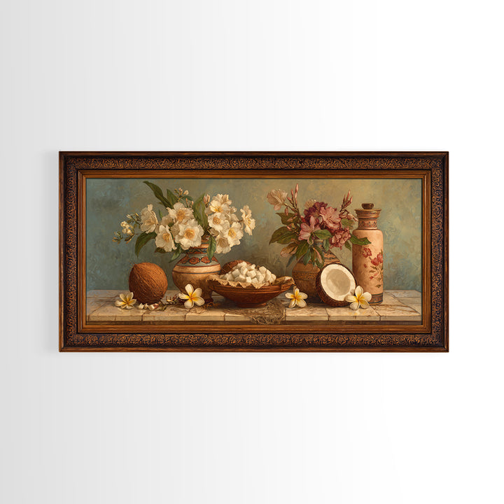 Coconut and Plumeria Still Life Canvas Print, Tropical Art, Wall Art, Living Room Decor, Oil Painting, Tropic, Pink Wall Art, TRO-2x1-32