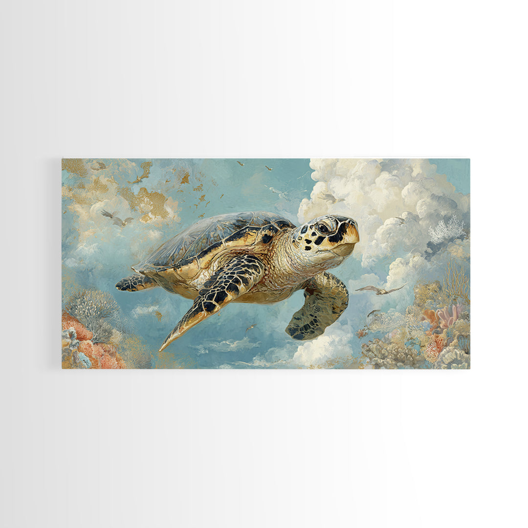 Sea Turtle Near Tropical Reef Canvas Print, Tropical Art, Digital Art, Living Room Decor, Oil Painting, Tropic, Watercolor Art, TRO-2x1-39