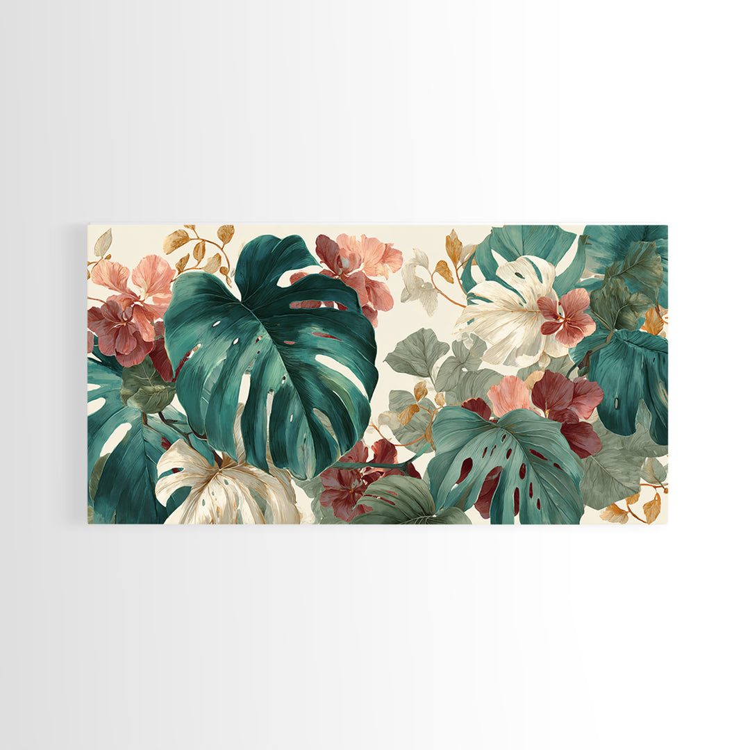Lush Monstera Leaves Framed Canvas Print, Tropical Art, Pink Wall Art, Living Room Decor, Fine Art, Tropic, Coastal Art, TRO-2x1-45