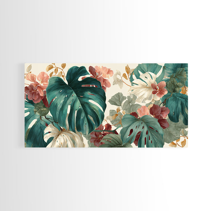 Lush Monstera Leaves Framed Canvas Print, Tropical Art, Pink Wall Art, Living Room Decor, Fine Art, Tropic, Coastal Art, TRO-2x1-45