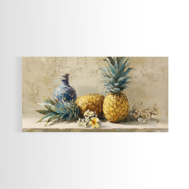 Pineapple and Palm Still Life Framed Canvas Print, Tropical Art, Decor, Living Room Decor, Fine Art, Tropic, Bird Art, TRO-2x1-50