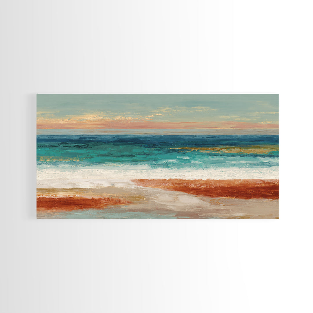 Tropical Lagoon with Turquoise Water Framed Canvas Print, Tropical Art, Bird Art, Living Room Decor, Watercolor Art, Tropic, TRO-2x1-51