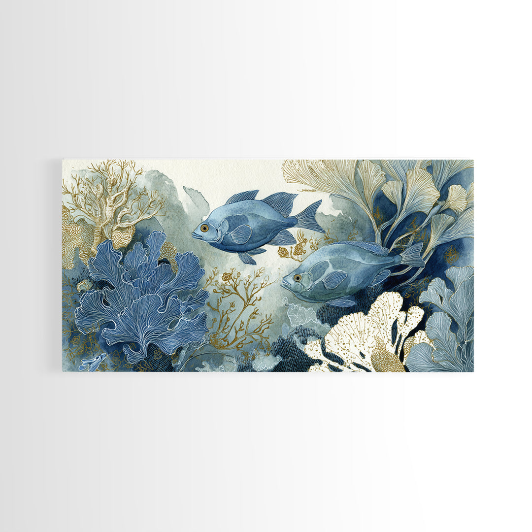 Tropical Fish over Coral Reef Framed Canvas Print, Tropical Art, Set of 3 Prints, Living Room Decor, Fine Art, Tropic, TRO-2x1-55