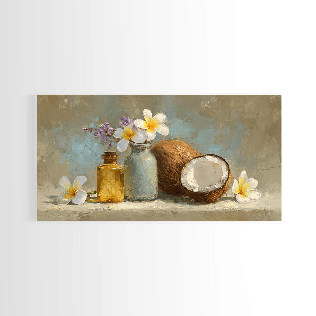 Coconut and Plumeria Still Life Framed Canvas Print, Tropical Art, Art Print, Living Room Decor, Tropic, Abstract Painting, TRO-2x1-56