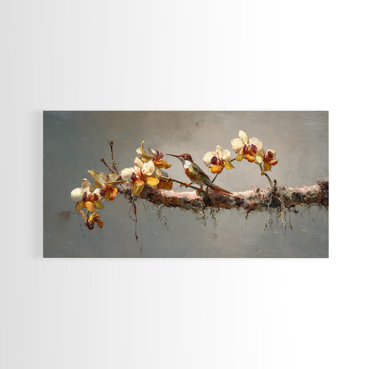 Orchid and Hummingbird Composition Framed Canvas Print, Tropical Art, Minimalist Decor, Living Room Decor, Fine Art, Tropic, TRO-2x1-6