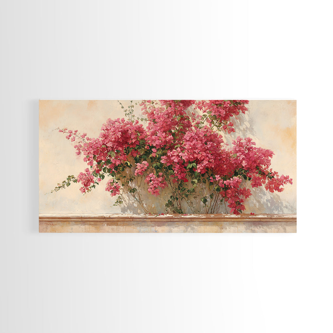 Pink Bougainvillea over White Wall Framed Canvas Print, Tropical Art, Digital Art, Living Room Decor, Oil Painting, Tropic, TRO-2x1-60