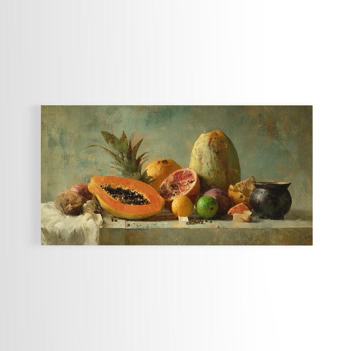 Bright Papaya and Lime Still Life Canvas Print, Tropical Art, Printable Wall Art, Living Room Decor, Watercolor Art, Tropic, TRO-2x1-68