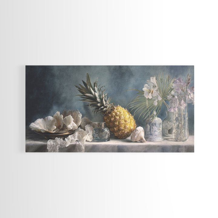 Pineapple and Palm Still Life Canvas Print, Tropical Art, Printable Wall Art, Living Room Decor, Watercolor Art, Tropic, TRO-2x1-74