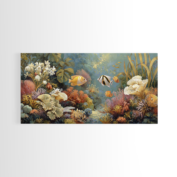 Tropical Fish over Coral Reef Framed Canvas Print, Tropical Art, Whimsical Art, Living Room Decor, Fine Art, Tropic, TRO-2x1-79
