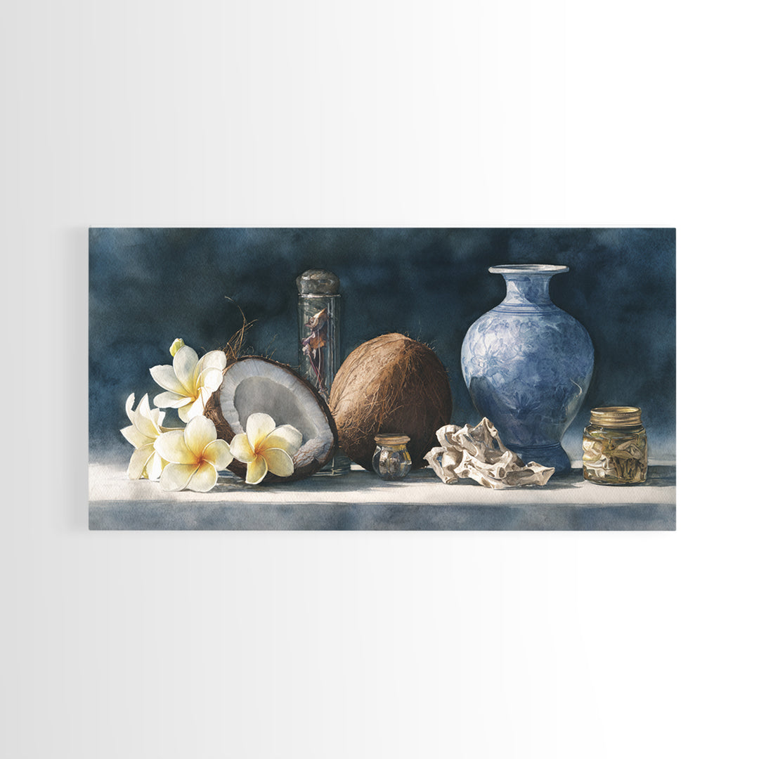 Coconut and Plumeria Still Life Framed Canvas Print, Tropical Art, Coastal Wall Art, Living Room Decor, Fine Art, Tropic, TRO-2x1-80