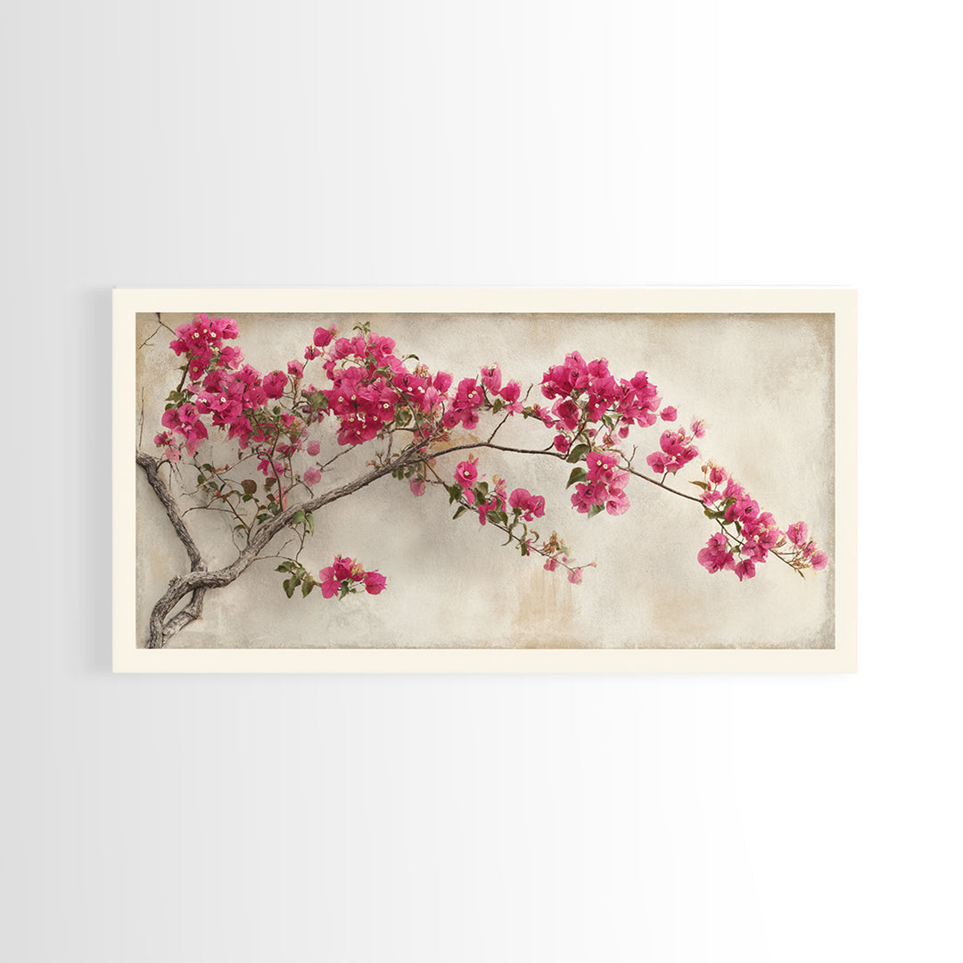 Pink Bougainvillea over White Wall Framed Canvas Print, Tropical Art, Abstract Painting, Living Room Decor, Fine Art, Tropic, TRO-2x1-84