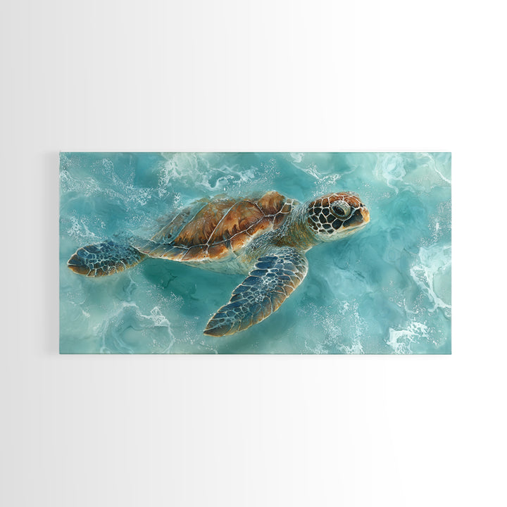 Sea Turtle Near Tropical Reef Framed Canvas Print, Tropical Art, Trendy Wall Art, Living Room Decor, Fine Art, Tropic, TRO-2x1-87