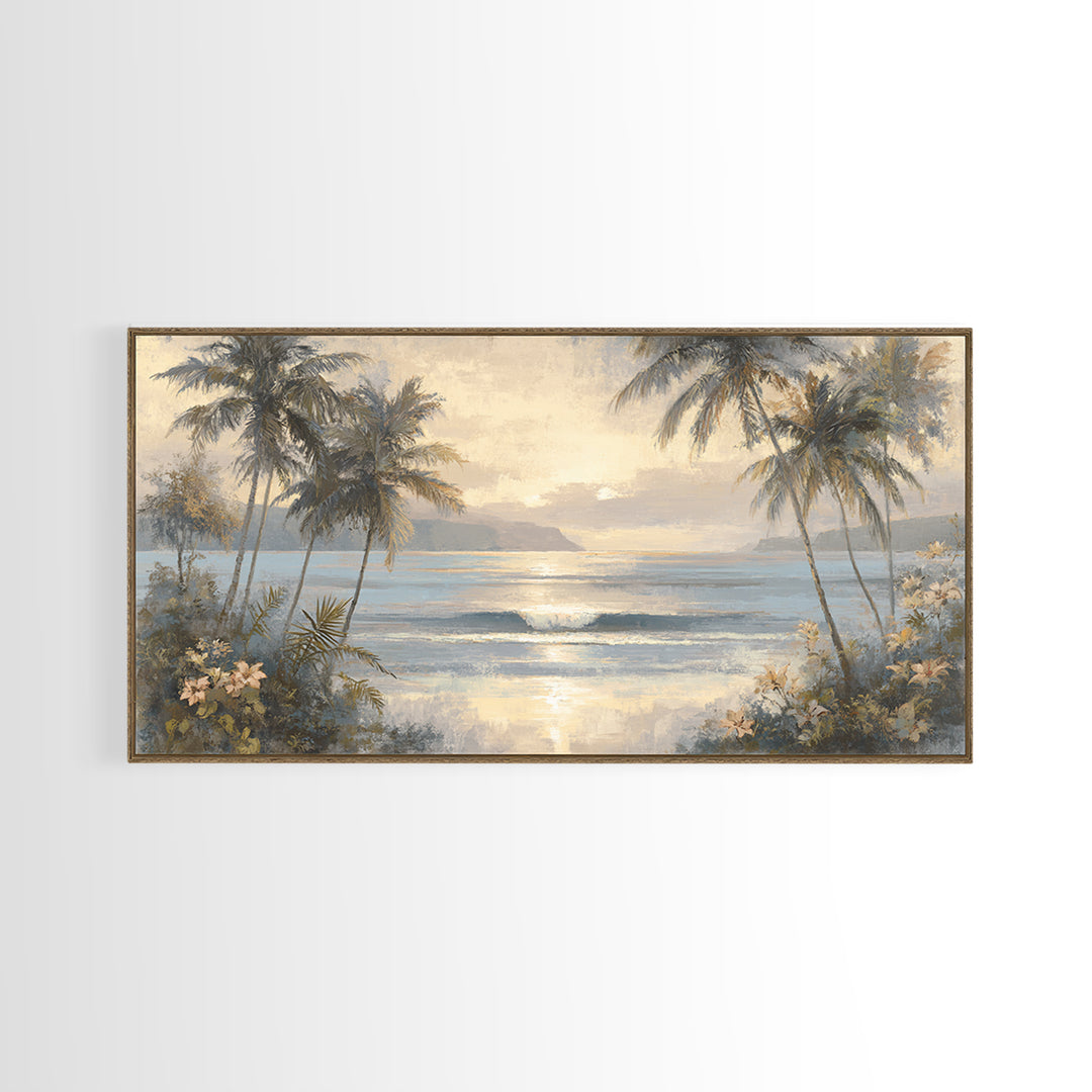 Sunset Surf Scene Framed Canvas Print, Tropical Art, Digital Art, Living Room Decor, Oil Painting, Tropic, Watercolor Art, TRO-2x1-90