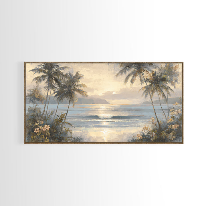 Sunset Surf Scene Framed Canvas Print, Tropical Art, Digital Art, Living Room Decor, Oil Painting, Tropic, Watercolor Art, TRO-2x1-90
