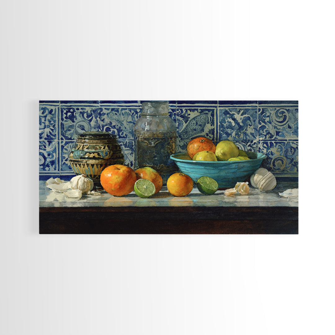 Bright Papaya and Lime Still Life Framed Canvas Print, Tropical Art, Watercolor Painting, Living Room Decor, Oil Painting, TRO-2x1-92